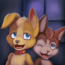 Size: 3000x3000 | Tagged: safe, artist:bouncy, oc:benny (kibaru), oc:cora, canid, corgi, dog, mammal, anthro, anthro/anthro, boy, boy/boy, cub, cub/cub, male, male/male, young, young/young, blue eyes, brown fur, collar, duo, fur, nudity, one eye closed, open mouth, smiling, tan fur