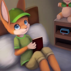 Size: 3000x3000 | Tagged: safe, artist:bouncy, oc:bouncy, lagomorph, mammal, rabbit, anthro, boy, cub, male, solo boy, solo cub, solo male, young, ball cap, bed, bedroom, blue eyes, book, clothing, fur, hat, looking up, on bed, orange fur, plushie, shorts, sitting, smiling, solo, white fur