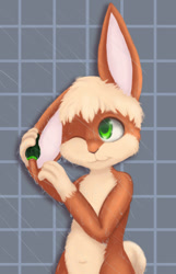 Size: 508x791 | Tagged: safe, artist:bouncy, oc:bouncy, lagomorph, mammal, rabbit, boy, cub, male, solo boy, solo cub, solo male, young, 2019, bathing, blonde hair, brown fur, featureless chest, fur, green eyes, hair, navel, nudity, one eye closed, shower, smiling, solo, tan fur, water