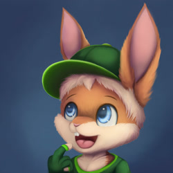 Size: 3000x3000 | Tagged: safe, artist:bouncy, oc:bouncy, lagomorph, mammal, rabbit, anthro, boy, cub, male, solo boy, solo cub, solo male, young, ball cap, blonde hair, blue eyes, buckteeth, clothing, fingerless gloves, fur, gesture, hair, open mouth, orange fur, pointing, solo, tan fur, tongue