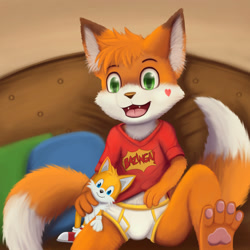 Size: 2250x2250 | Tagged: safe, oc:vinik, canid, fox, mammal, red fox, anthro, boy, cub, male, plantigrade, solo boy, solo cub, solo male, young, bed, bedroom, briefs, brown fur, bulge, clothing, dipstick tail, fang, fur, hiked up shirt, multiple tails, on bed, open mouth, orange fur, pawpads, plushie, sitting, smiling, solo, tail, teeth, tongue, underwear, white fur
