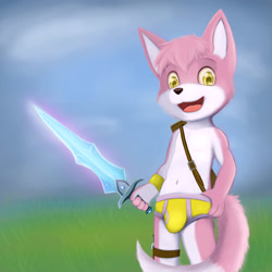Size: 3000x3000 | Tagged: safe, artist:bouncy, canid, fox, mammal, boy, cub, male, solo boy, solo cub, solo male, young, amber eyes, briefs, bulge, clothing, colored briefs, dipstick tail, fur, harness, looking at you, navel, open mouth, pink fur, smiling, solo, sword, tail, topless, underwear, weapon, white fur