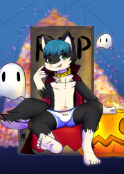 Size: 2180x3046 | Tagged: safe, artist:cubboard, oc:nochusky, canid, dog, ghost, husky, mammal, siberian husky, anthro, plantigrade, halloween, holiday, black fur, blep, blue hair, boxer-briefs, bulge, cape, clothing, collar, costume, fur, green eyes, hair, halloween costume, jackolantern, kemono, navel, nipples, pumpkin, sitting, tail, toe claws, tombstone, tongue out, underwear, vampire costume, white fur