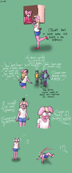 Size: 800x1920 | Tagged: suggestive, artist:sfl-art, oc:tammy miles (sfl-art), canid, cat, felid, fish, mammal, marine, pig, shark, suid, anthro, boy, chubby, cub, cubs only, fat, female, girl, girl focus, male, slender, young, colored, digital, amber eyes, anger, aroused, big butt, blonde hair, blood, blue eyes, blushing, bullying, butt, chest tuft, clothing, comic, crop top, dialogue, english text, eyebrows, eyelashes, fluffy tail, fur, green eyes, green fur, group, hair, hair over one eye, heart, hearts around head, implied watersports, long hair, looking at another, looking at each other, navel, nose bleed, sequence, shoes, shorts, signature, skin, solo focus, striped fur, striped tail, stripes, surprised, tail, teal fur, teal shorts, text, wide eyed, window, yellow eyes