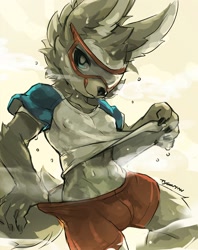 Size: 1270x1600 | Tagged: safe, artist:tysontan, zabivaka, arctic wolf, canid, mammal, wolf, anthro, athletic, boy, male, solo boy, solo male, solo teen, teen, young, fifa, mascot, 5 fingers, blue eyes, bulge, cheek tuft, clothing, ears up, fingers, fur, gray fur, navel, pecs, shorts, solo, sweat, t-shirt, tongue, tongue out, wet