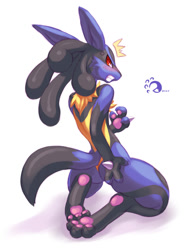 Size: 810x1045 | Tagged: suggestive, artist:tysontan, lucario, pokemon (species), ambiguous gender, anthro, boy, male, solo boy, solo male, solo teen, teen, young, pokémon, 3 fingers, 3 toes, anger, black fur, blue fur, blushing, butt, claws, clenched teeth, digitigrade, feet, fingers, fur, glaring, hand on butt, hand spike, kneeling, looking at you, looking back, nudity, pawpads, paws, red eyes, snout, solo, spikes, tail, teeth, toes, yellow fur