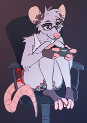 Size: 782x1107 | Tagged: safe, artist:elcydog, mammal, marsupial, opossum, anthro, female, girl, plantigrade, slender, solo female, solo girl, solo teen, teen, young, colored, digital, flat colored, sketch, chair, clothing, game controller, gaming, gaming chair, glasses, on chair, panties, sitting, solo, tank top, underwear