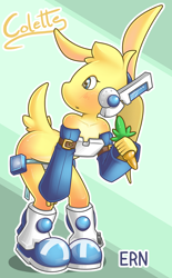 Size: 746x1200 | Tagged: safe, artist:ern, oc:colette beats, anthro, chibi, cub, female, girl, plantigrade, solo cub, solo female, solo girl, young, blushing, boots, carrot, headphones, shoes, solo, tail