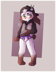 Size: 745x950 | Tagged: safe, artist:appl, lagomorph, mammal, rabbit, anthro, boy, cub, male, plantigrade, solo boy, solo cub, solo male, young, ball cap, blushing, briefs, clothing, embarrassed, green eyes, hat, hoodie, pattern briefs, solo, sweat, underwear