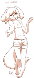 Size: 804x1840 | Tagged: safe, artist:aogami, oc:bleddyn, canid, dog, gordon setter, mammal, anthro, femboy, male, slender, grayscale, lines, clothing, dancing, digitigrade, looking at you, navel, shorts, skimpy outfit, thigh highs, v lines, winking