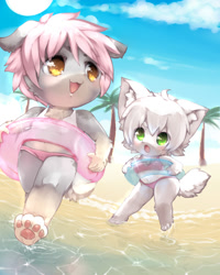 Size: 800x1000 | Tagged: safe, artist:kemokiu, oc:alex (tktktk), oc:kinu (tktktk), canid, mammal, chibi, female, girl, young, beach, daytime, fur, gray fur, hair, kemololi, kemono, navel, outdoors, white fur