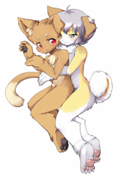 Size: 2480x3507 | Tagged: safe, artist:kemokiu, oc:ajdabes, oc:yam (kemokiu), canid, cat, dog, felid, mammal, anthro, anthro/anthro, boy, boy/boy, boys only, cub, cub/cub, cubs only, male, male/male, males only, plantigrade, young, young/young, cuddling, duo, fur, gray eyes, gray hair, kemono, kemoshota, nudity, pawpads, red eyes, smiling, spooning, tan fur, white fur, yellow fur