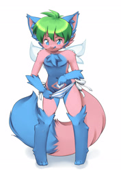 Size: 2480x3507 | Tagged: suggestive, artist:kemokiu, oc:ruffy, canid, cat, felid, fox, hybrid, mammal, boy, cub, male, solo boy, solo cub, solo male, young, blue eyes, blue fur, fur, ice, looking at you, pink fur, smiling, solo, sweat, too hot, wings