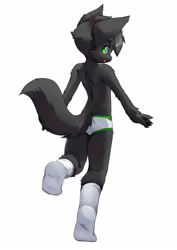 Size: 2480x3507 | Tagged: safe, artist:kemokiu, oc:gee, canid, fox, mammal, anthro, boy, cub, male, plantigrade, solo boy, solo cub, solo male, young, black fur, briefs, clothing, fur, green eyes, looking at you, looking back, looking back at you, navel, rear view, smiling, socks, socks without shoes, solo, standing, tail, topless, underwear