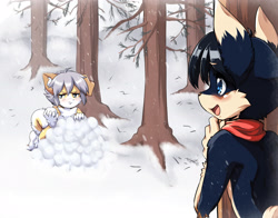 Size: 3500x2750 | Tagged: safe, artist:kemokiu, oc:jam (crunchobar), oc:yam (kemokiu), canid, dog, husky, mammal, siberian husky, anthro, boy, boys only, cub, cubs only, male, males only, young, annoyed, blushing, daytime, frown, fur, gray hair, kemono, kemoshota, looking sideways, outdoors, playing, scarf, smiling, snow, snowball, tree, white fur, winter, yellow fur