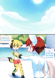 Size: 2893x4092 | Tagged: safe, artist:kemokiu, oc:robby bunny, oc:skynex, canid, dog, lagomorph, mammal, rabbit, anthro, anthro/anthro, boy, boy/boy, boys only, cub, cub/cub, cubs only, male, male/male, males only, plantigrade, young, young/young, comic:pool prep, digital, blonde hair, blushing, comic, daytime, dialogue, duo, english text, fur, hair, hair highlights, holding hands, outdoors, standing, stripes, swimming pool, white fur, yellow fur