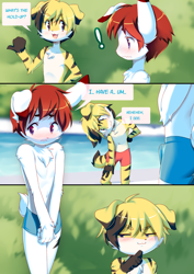 Size: 2893x4092 | Tagged: safe, artist:kemokiu, oc:robby bunny, oc:skynex, canid, dog, lagomorph, mammal, rabbit, anthro, anthro/anthro, boy, boy/boy, boys only, cub, cub/cub, cubs only, male, male/male, males only, plantigrade, young, young/young, comic:pool prep, digital, blonde hair, blushing, clothing, comic, daytime, dialogue, duo, english text, fur, hair, hair highlights, navel, outdoors, shy, standing, stripes, swim trunks, swimming pool, swimsuit, white fur, yellow fur