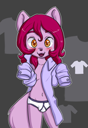 Size: 1816x2640 | Tagged: safe, artist:pate, canid, mammal, boy, cub, male, solo boy, solo cub, solo male, young, ai enhanced, amber eyes, briefs, bulge, clothing, hair, looking at you, navel, open shirt, pink fur, smiling, solo, underwear, v lines