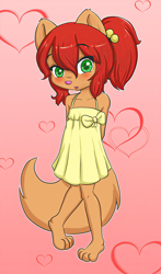 Size: 2000x3402 | Tagged: safe, artist:pate, oc:damek, canid, dog, mammal, anthro, boy, cub, femboy, male, plantigrade, solo boy, solo cub, solo male, young, ai enhanced, blushing, crossdressing, dress, fur, green eyes, hair, long hair, looking at you, ponytail, solo, tan fur