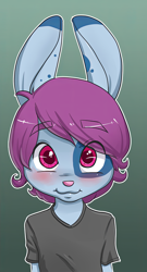 Size: 1294x2396 | Tagged: safe, artist:pate, oc:pate, lagomorph, mammal, rabbit, anthro, boy, cub, male, solo boy, solo cub, solo male, young, blue fur, clothing, fur, looking at you, smiling, solo