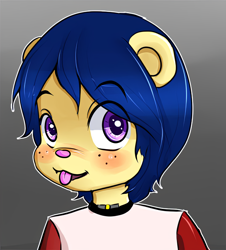 Size: 1076x1188 | Tagged: safe, artist:pate, oc:sven fluff otter, mammal, mustelid, otter, boy, cub, male, solo boy, solo cub, solo male, young, ai enhanced, digital, fully shaded, blep, blue hair, blushing, bust portrait, clothing, freckles, fur, hair, looking at you, purple eyes, smiling, solo, tan fur, tongue out