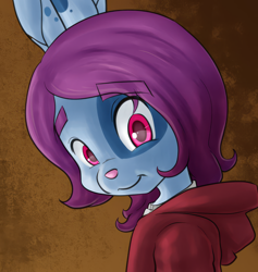 Size: 1822x1920 | Tagged: safe, artist:pate, oc:pate, lagomorph, lapine, mammal, rabbit, anthro, boy, cub, male, solo boy, solo cub, solo male, young, blue hair, bust portrait, clothing, hair, hoodie, looking at you, red eyes, smiling, solo