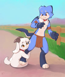 Size: 1400x1641 | Tagged: safe, artist:ajin, oc:ramsay hornbrook, dragon, goat, mammal, mythological creature, ungulate, wingless dragon, anthro, anthro/anthro, boy, boy/boy, cub, cub/cub, male, male/male, young, young/young, blue hair, blue scales, blushing, clothing, collar, daytime, digitigrade, duo, fur, hair, horn, hug, loincloth, navel, nudity, outdoors, topless, white fur, white scales