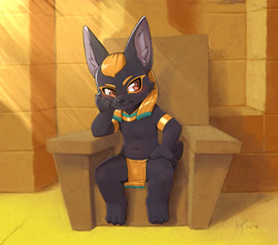 Size: 1581x1400 | Tagged: safe, artist:ajin, anubis, anubian jackal, canid, jackal, mammal, anthro, boy, chibi, cub, male, plantigrade, solo boy, solo cub, solo male, young, mythology, black fur, brown eyes, clothing, daytime, egyptian, fur, navel, skimpy outfit, solo, throne