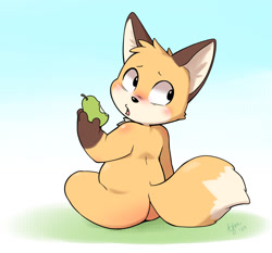 Size: 1400x1305 | Tagged: safe, artist:ajin, canid, fox, mammal, red fox, anthro, boy, chubby, cub, male, solo boy, solo cub, solo male, young, blushing, butt, eating, fruit, holding food, nudity, on ground, rear view, sitting, solo, tail