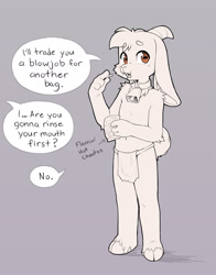 Size: 1200x1534 | Tagged: suggestive, artist:ajin, oc:ramsay hornbrook, bovid, goat, mammal, ungulate, anthro, male, plantigrade, limited palette, lines, brown eyes, clothing, collar, dialogue, eating, english text, featureless chest, loincloth, navel, off-screen character, standing, topless