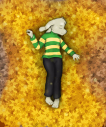 Size: 2500x3000 | Tagged: safe, artist:keres, asriel dreemurr, boss monster, goat, mammal, ungulate, anthro, boy, cub, male, plantigrade, solo boy, solo cub, solo male, young, undertale, clothing, crying, eyes closed, fur, lying, lying on back, on back, on ground, pants, sad, solo, sweater, tears, white fur