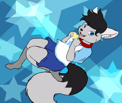 Size: 2600x2200 | Tagged: safe, artist:keres, oc:king riku, canid, fox, mammal, anthro, boy, cub, male, plantigrade, solo boy, solo cub, solo male, young, colored, flat colored, clothing, collar, gray fur, looking at you, shorts, smiling, solo