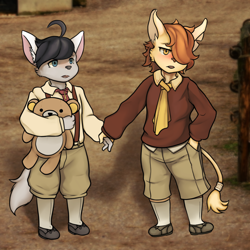 Size: 2000x2000 | Tagged: safe, artist:keres, kyle bavarois, oc:kuroh, cat, felid, feline, mammal, anthro, boy, boy/boy, cub, cub/cub, male, male/male, plantigrade, young, young/young, fuga: melodies of steel, blushing, canon/oc, duo, holding hands, necktie, shoes, socks, teddy bear