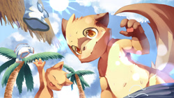 Size: 1200x675 | Tagged: safe, artist:mokikun, canid, mammal, boy, cub, male, young, clothing, cloud, daytime, duo, kemono, kemoshota, low-angle view, navel, nipples, palm tree, sky, smiling, topless, tree, undressing, undressing self, wet