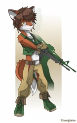 Size: 1000x1600 | Tagged: safe, artist:riverglaive, canid, fox, mammal, red fox, anthro, boy, cub, male, plantigrade, solo boy, solo cub, solo male, young, brown eyes, fur, gun, jewelry, military, navel, necklace, red fur, shoes, solo, tail, tank top, weapon, white fur
