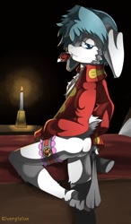 Size: 700x1200 | Tagged: suggestive, artist:riverglaive, lagomorph, mammal, rabbit, anthro, boy, cub, male, plantigrade, solo boy, solo cub, solo male, young, bedroom eyes, bottomless, clothing, cyan hair, fur, looking at you, looking back, looking back at you, solo, white fur