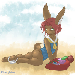 Size: 800x800 | Tagged: suggestive, artist:riverglaive, lagomorph, mammal, rabbit, boy, cub, male, solo boy, solo cub, solo male, young, brown fur, butt, daytime, fur, green eyes, hair, looking at you, outdoors, sailor outfit, smiling, solo, underwear down
