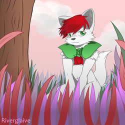 Size: 800x800 | Tagged: safe, artist:riverglaive, arctic wolf, canid, mammal, wolf, anthro, boy, cub, male, solo boy, solo cub, solo male, young, crouching, daytime, fur, green eyes, hair, navel, outdoors, solo, white fur