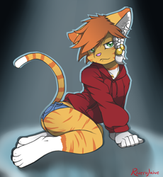Size: 1180x1280 | Tagged: safe, artist:riverglaive, oc:glaive, cat, felid, mammal, tabby, anthro, boy, cub, male, solo boy, solo cub, solo male, young, butt, clothing, digitigrade, fur, hoodie, orange fur, shorts, solo, white fur