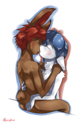 Size: 1400x2100 | Tagged: safe, artist:riverglaive, lagomorph, mammal, rabbit, anthro, anthro/anthro, boy, boy/boy, cub, cub/cub, male, male/male, young, young/young, blue hair, blushing, brown fur, butt, duo, eyes closed, fur, hair, kissing, nudity, tasteful nudity, white fur
