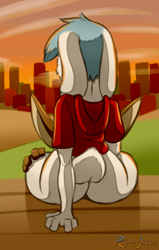 Size: 770x1210 | Tagged: suggestive, artist:riverglaive, lagomorph, mammal, rabbit, anthro, anthro/anthro, boy, boy focus, cub focus, male, young, big butt, blue hair, butt, dusk, fur, hair, implied oral, implied sex, outdoors, rear view, solo focus, white fur
