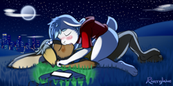 Size: 1400x700 | Tagged: suggestive, artist:riverglaive, lagomorph, mammal, rabbit, anthro, anthro/anthro, boy, boy/boy, cub, cub/cub, male, male/male, young, young/young, blue hair, blushing, bottomless, brown fur, clothing, digitigrade, duo, eyes closed, full moon, fur, hair, moon, nighttime, outdoors, starry sky, white fur