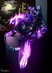 Size: 1650x2300 | Tagged: safe, artist:riverglaive, oc:nios (kitsune wind), big cat, felid, mammal, tiger, boy, cub, male, solo boy, solo cub, solo male, young, abs, amber eyes, black fur, clothing, full moon, fur, jacket, looking at you, magic, moon, nighttime, open jacket, outdoors, shorts, solo, stripes