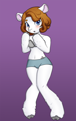 Size: 856x1370 | Tagged: safe, artist:pate, lamb, mammal, anthro, cub, female, girl, plantigrade, solo cub, solo female, solo girl, young, blue eyes, blushing, bra, clothing, fur, hair, hooved fingers, hooves, solo, underwear, white fur