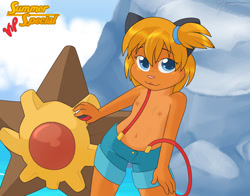 Size: 1023x802 | Tagged: suggestive, artist:helsy jun, ambiguous species, cub, female, girl, solo cub, solo female, solo girl, young, blonde hair, brown fur, clothing, cosplay, daytime, flat breasts, fur, hair, looking at you, navel, nipples, outdoors, shorts, solo, standing, suspenders, topless