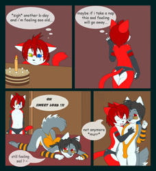 Size: 976x1070 | Tagged: suggestive, artist:helsy jun, oc:helsy jun, oc:xennie, canid, cat, felid, mammal, wolf, anthro, anthro/anthro, boy, boy focus, boy/boy, cub, cub focus, cub/cub, male, male/male, plantigrade, young, young/young, colored, flat colored, bed, bedroom, birthday, birthday cake, blep, candle, clothing, comic, cuddling, dialogue, duo, english text, erection, erection under clothing, fur, gray fur, hair, happy, heterochromia, indoors, latex, presenting, presenting hindquarters, raised tail, red eyes, red fur, sad, sitting, skimpy outfit, smiling, solo focus, standing, surprised, tail, tongue out, topless, white fur