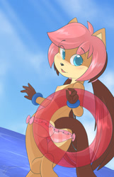 Size: 860x1335 | Tagged: suggestive, artist:helsy jun, oc:stella (mikuhoshi), cat, felid, mammal, anthro, cub, female, girl, solo cub, solo female, solo girl, young, blue eyes, blushing, clothing, daytime, looking at you, looking back, looking back at you, nipples, outdoors, ponytail, small breasts, smiling, solo, standing, swimsuit, topless