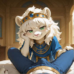 Size: 1064x1064 | Tagged: suggestive, director:thecangel, oc:prince constantin leon, felid, lion, mammal, adult, adult/cub, adult/young, anthro, anthro/anthro, boy, boy focus, cub, cub focus, male, male/male, man, man/boy, young, series:play with me, adult pov, age difference, bed, bedroom, clothing, erection, erection under clothing, fur, green eyes, hair, long hair, pants, robe, solo focus, white fur