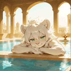 Size: 1064x1064 | Tagged: safe, director:thecangel, oc:prince constantin leon, felid, lion, mammal, boy, cub, male, solo boy, solo cub, solo male, young, series:play with me, bathing, daytime, fur, green eyes, hair, long hair, looking at you, navel, nudity, smiling, solo, white fur