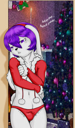 Size: 525x894 | Tagged: safe, artist:naesyroc, oc:emilio (naesyroc), lagomorph, mammal, rabbit, anthro, christmas, holiday, photo background, bulge, christmas tree, clothing, fur, panties, sad, skimpy outfit, standing, tears, underwear, white fur
